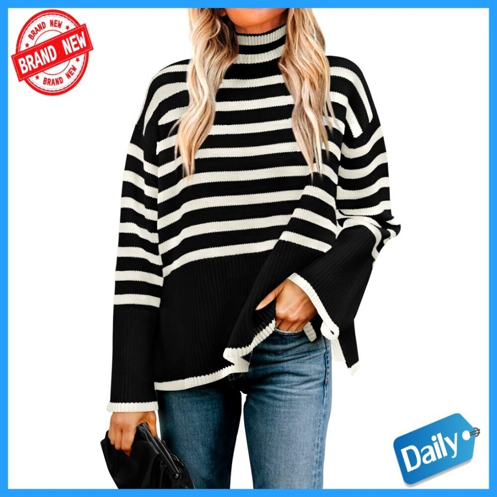 Oversized Turtleneck Pullover Sweater Striped Side Slit Long Sleeve Loose Fit